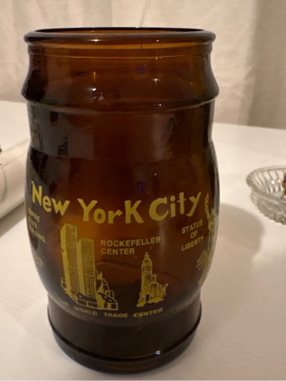 Vintage New York City Amber Glass Mug WTC Twin Towers Souvenir 5.5” Made Taiwan